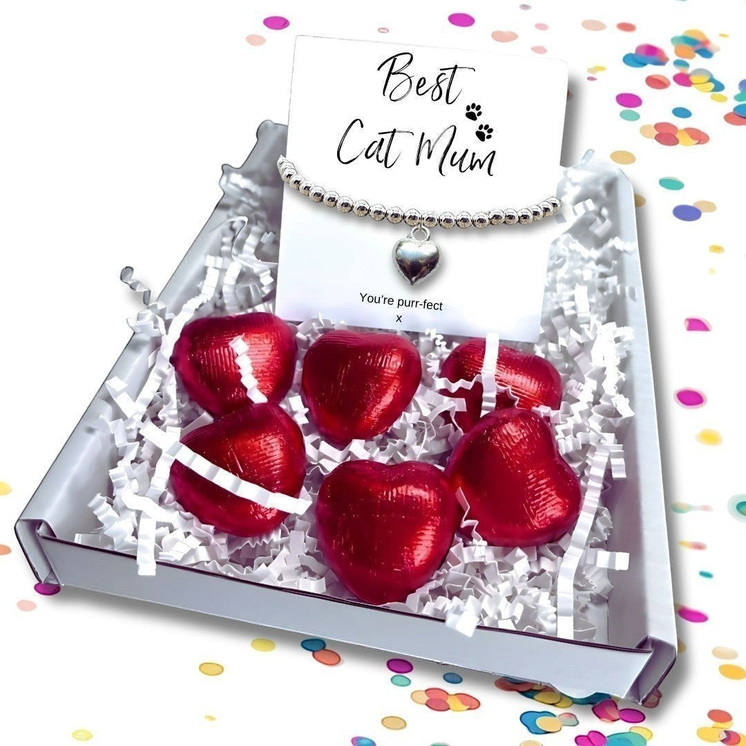 Best Cat Mum Mini Gift Hamper with Silver Heart Bracelet