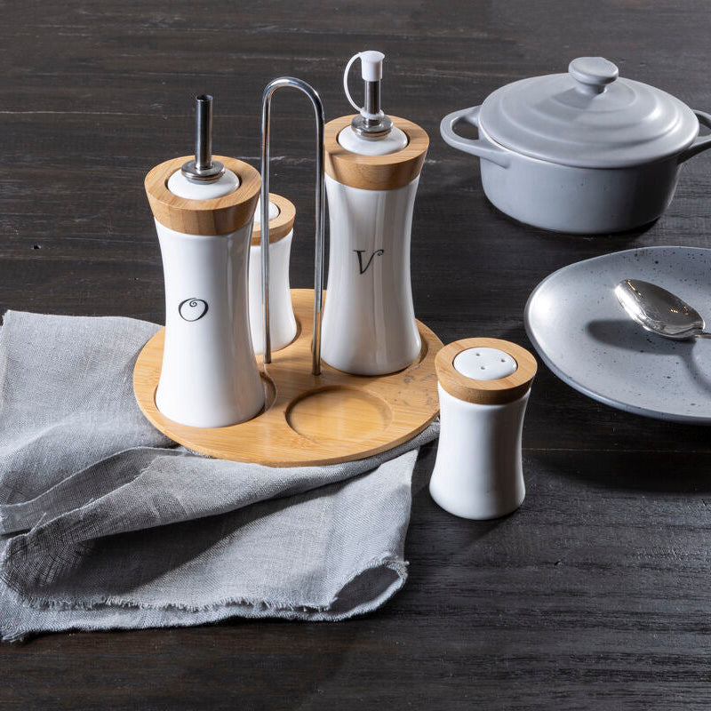 Dela 4 Piece Bamboo And Ceramic Condiment Set