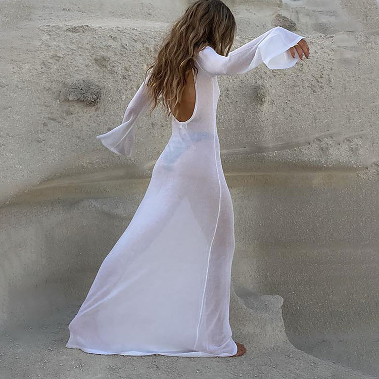 Summer New Backless Long Sleeve Sheer Mesh Dress
