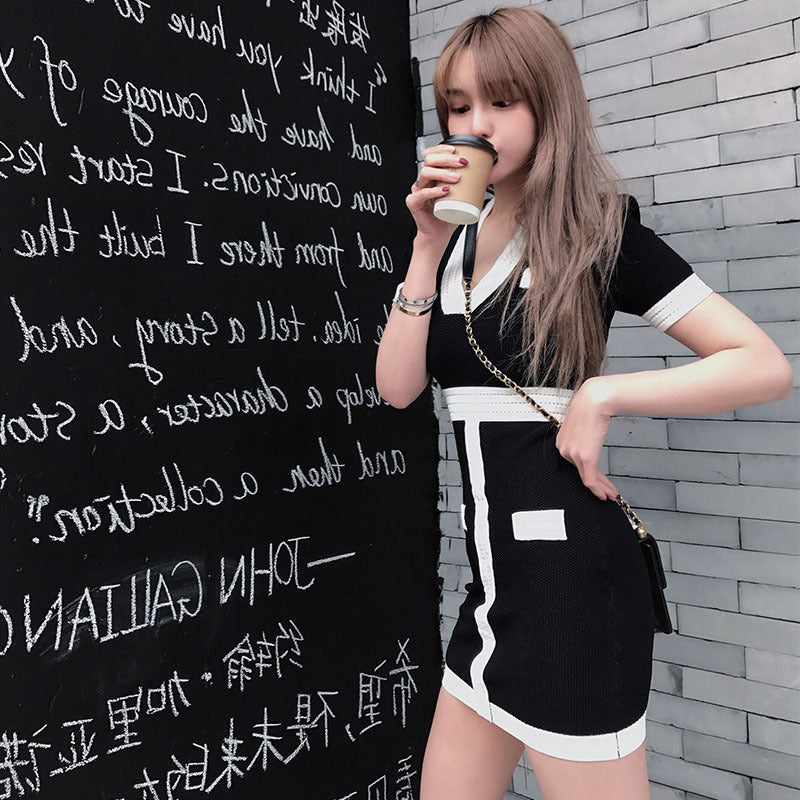 Black And White Contrast Color V-neck Slim Knit Dress For Small Women Korean Style Slim High Waist Sexy Dress