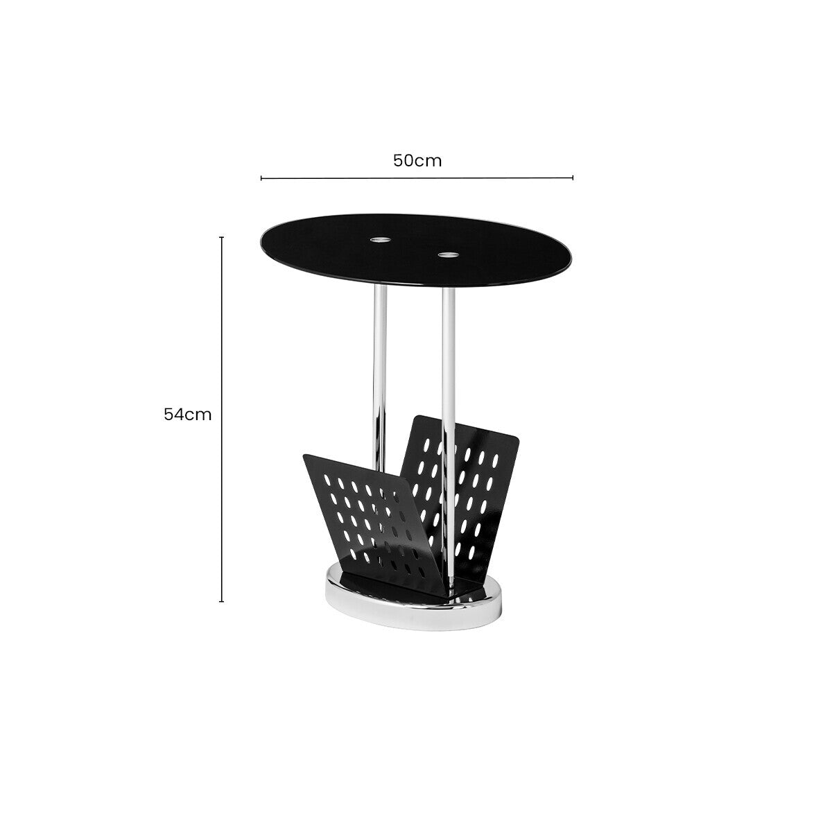 Black Glass Oval Top Side Table with Chrome Metal Base and Lower Magazine Rack, Adam