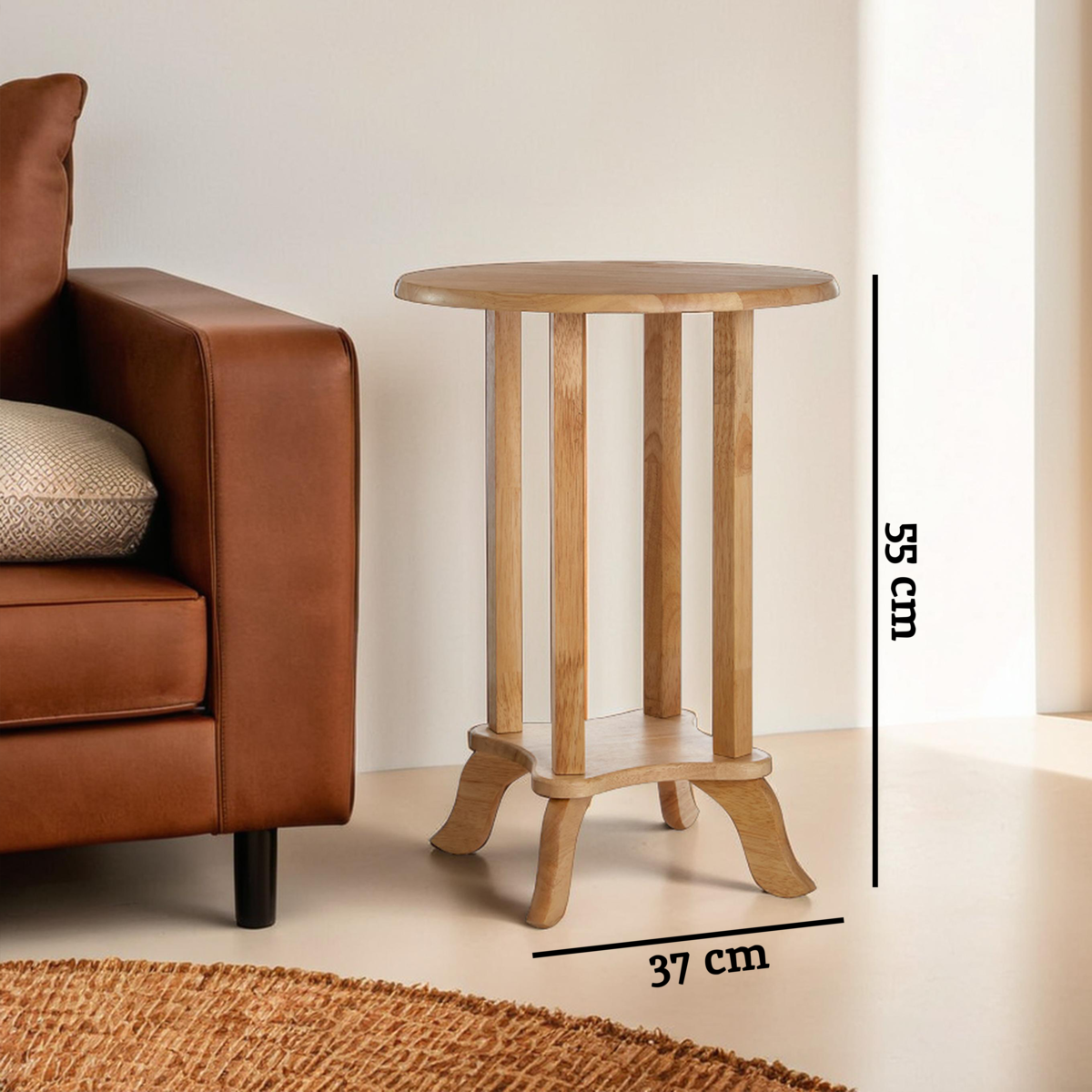 Natural Hevea Wood Round Side Table with Curved Feet and Lower Storage Shelf, Heva