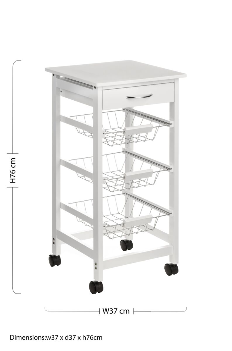 White Kitchen Trolley with Drawer and Basket, Harlow Glenn