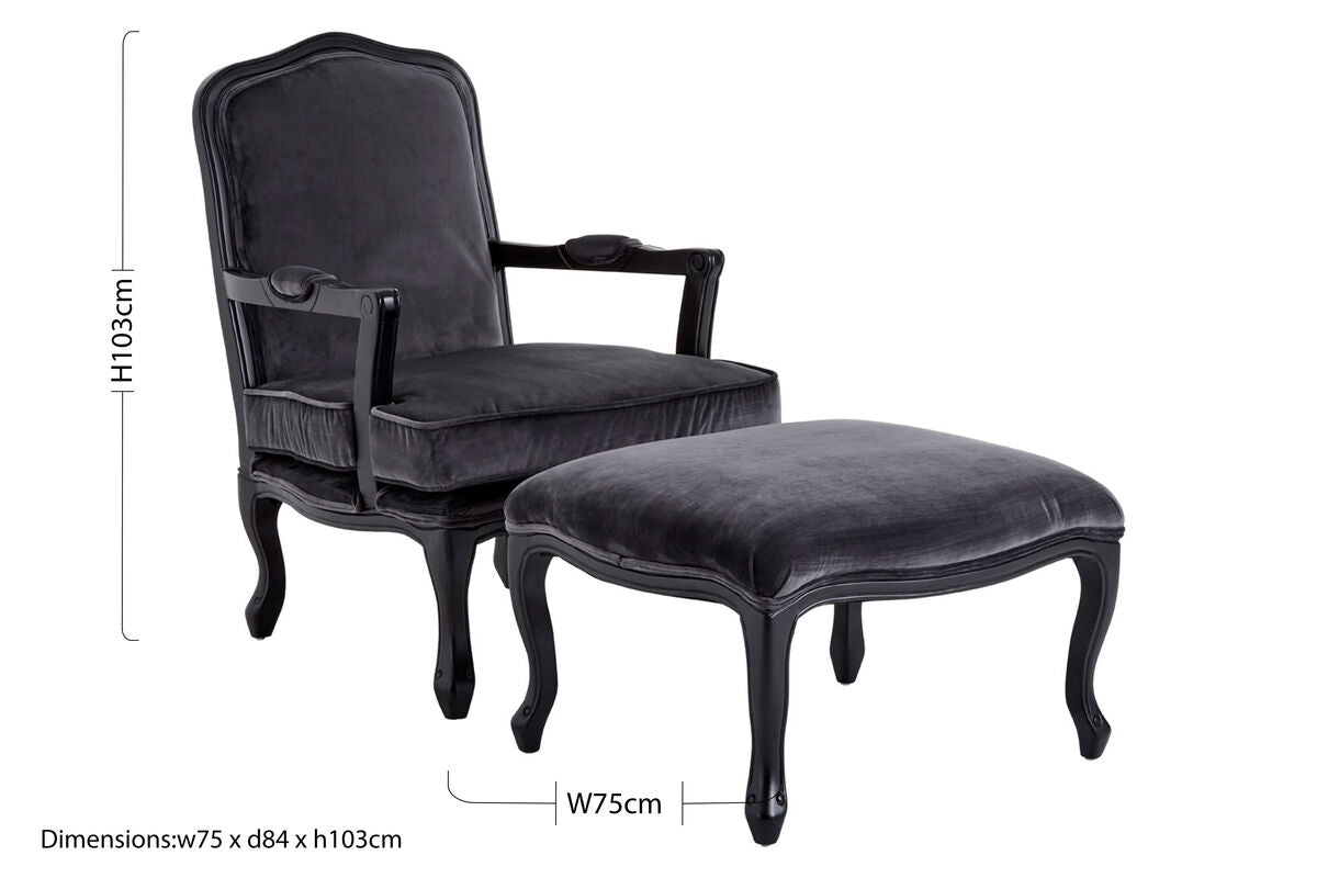 Rococo Grey Velvet Chair And Footstool