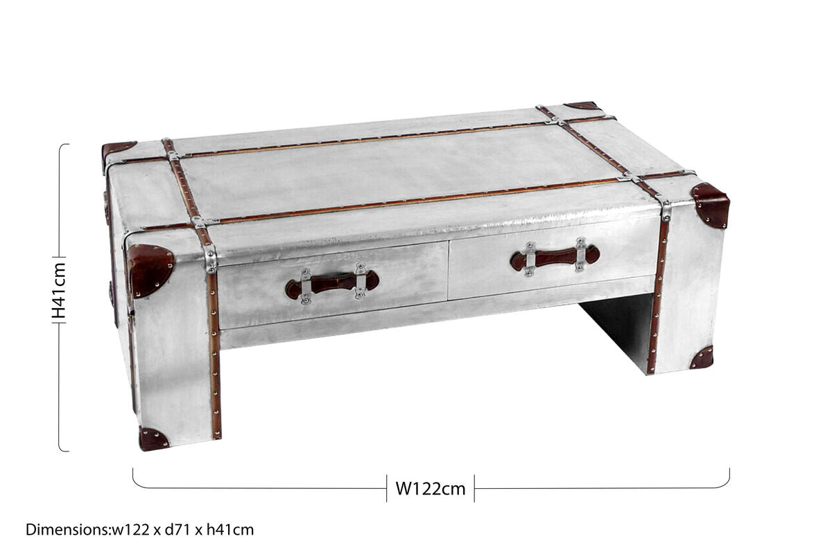 Silver Aluminium and Brown Faux Leather Finish Coffee Table with 2 Drawers, Avro