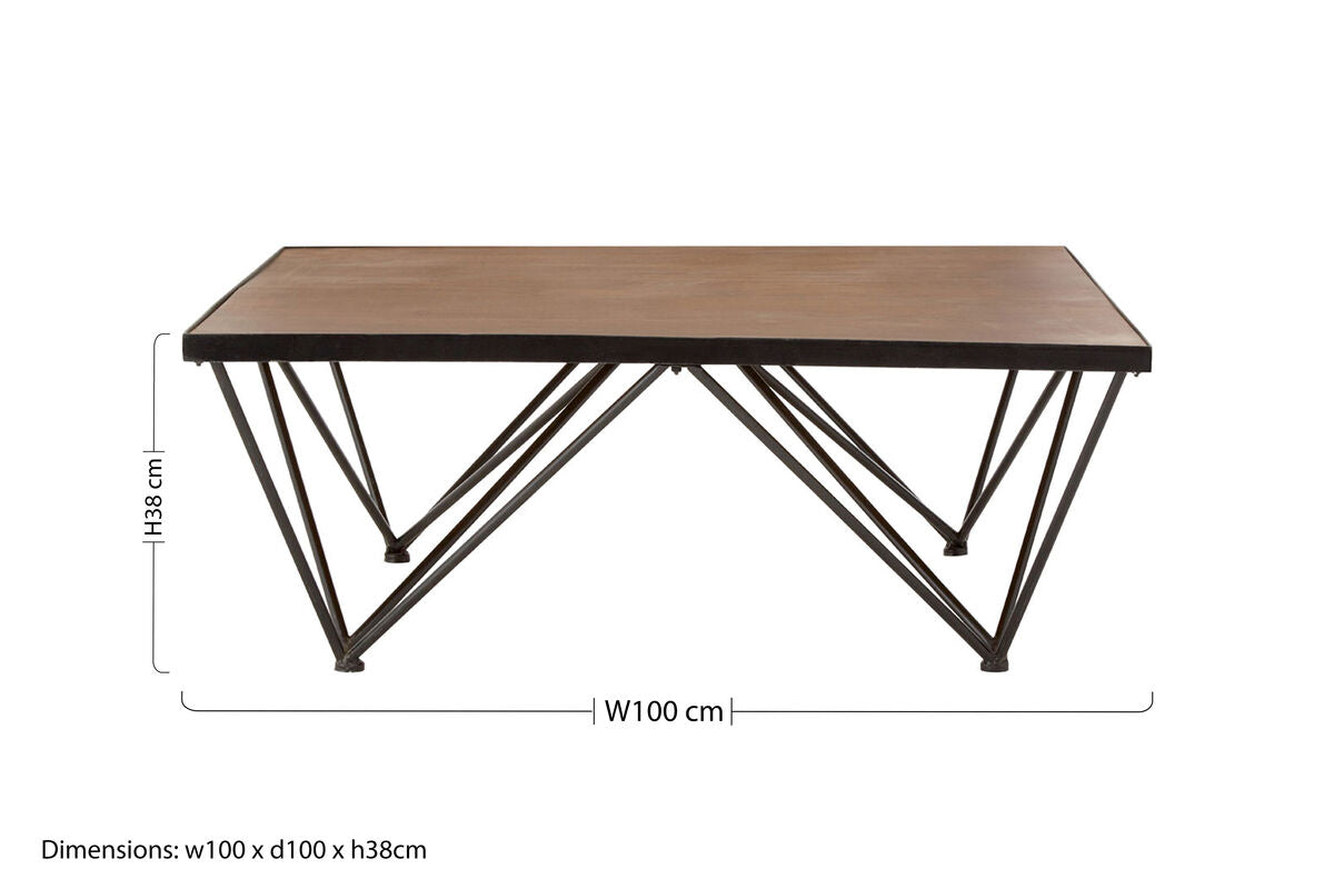 Brown Wood Top and Iron Base Square Coffee Table, New Foundry