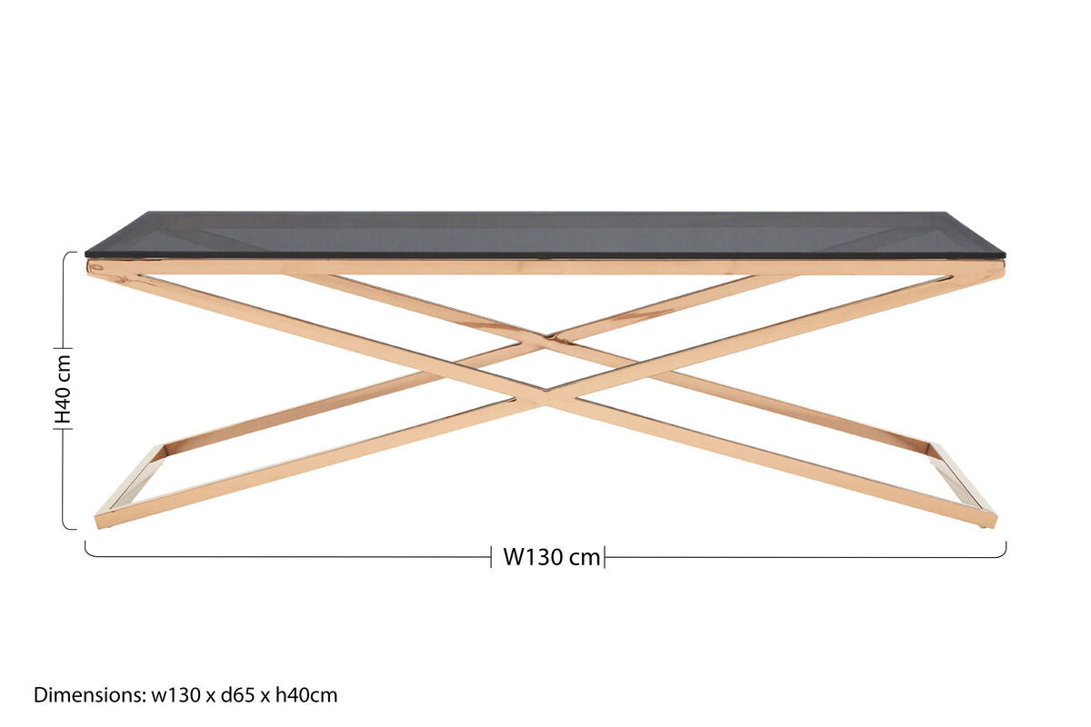 Black Glass Top and Gold Criss Cross Base Coffee Table, Montril