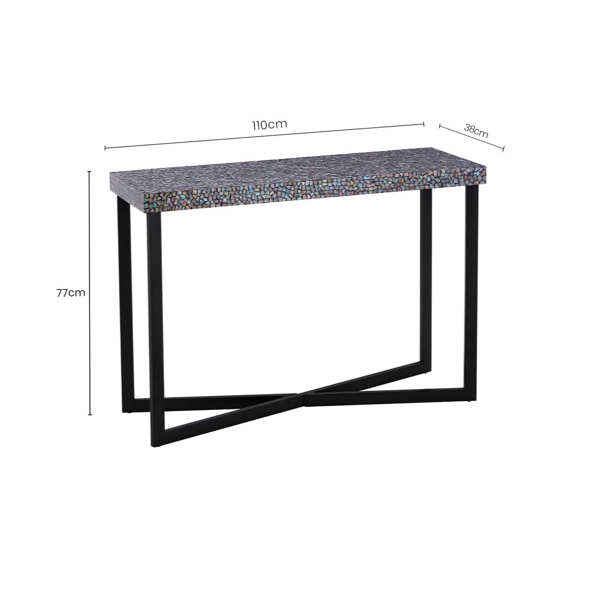 Crackle Shell Mosaic Console Table Rectangular Top Black Metal Frame, Fusion