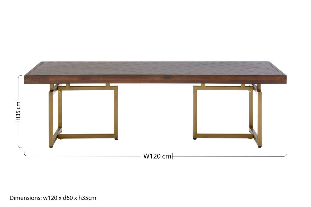 Brown Herringbone Wood Effect Coffee Table in Rich Acacia Tones with Brass Legs, Brando