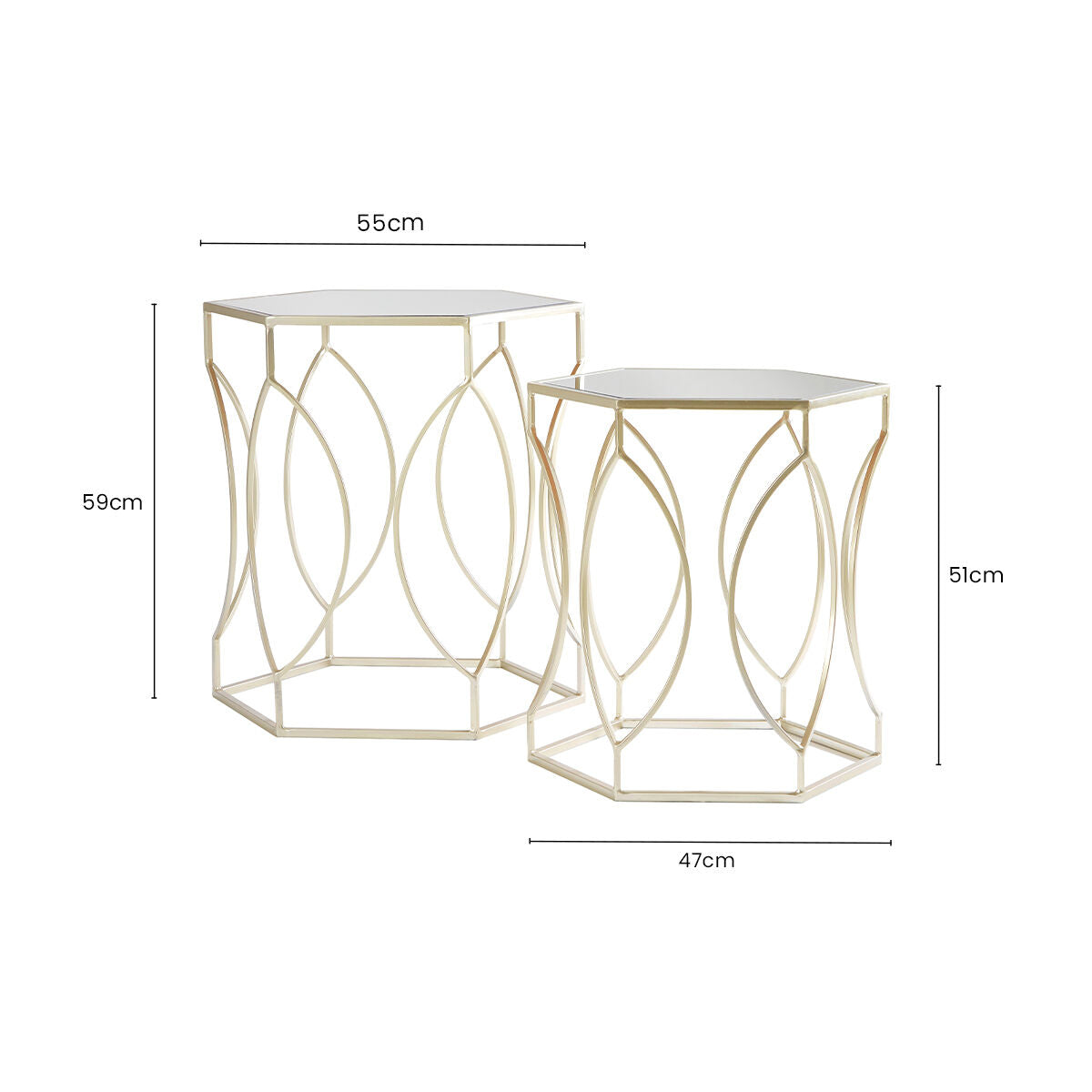 Set of 2 Hexagon Gold Champagne Finish Frame Side Tables with Mirrored Glass Top, Avantis
