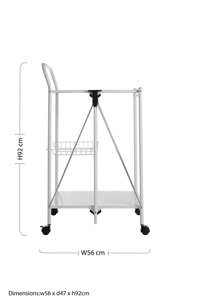 White Rectangular Folding Kitchen Trolley with Storage Basket, Harlow