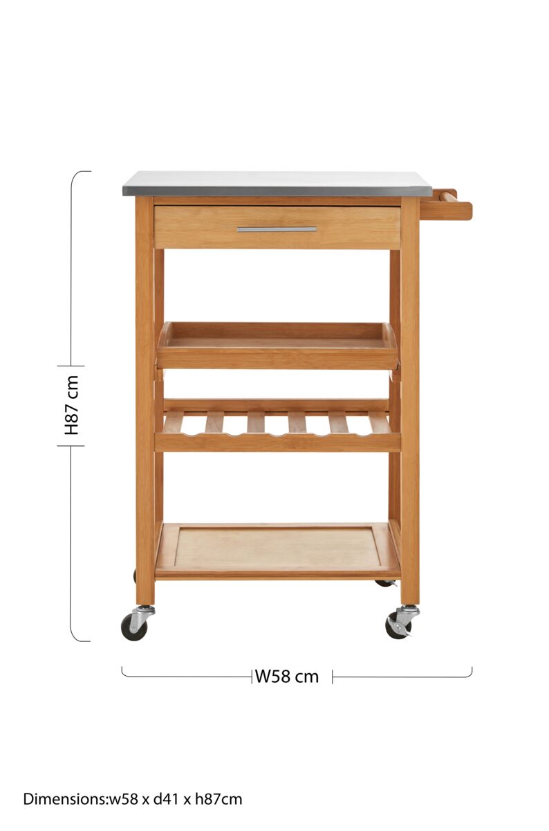 Natural Bamboo One Drawer Kitchen Trolley with Stainless Steel Worktop, Harlow