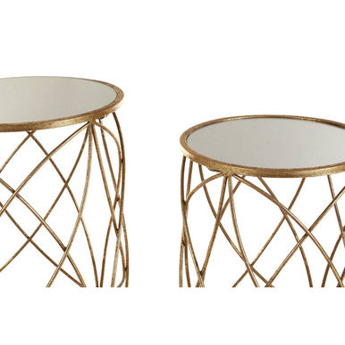 Set of 2 Round Mirrored Glass Top Side Tables with Gold Metal Frame, Arcana
