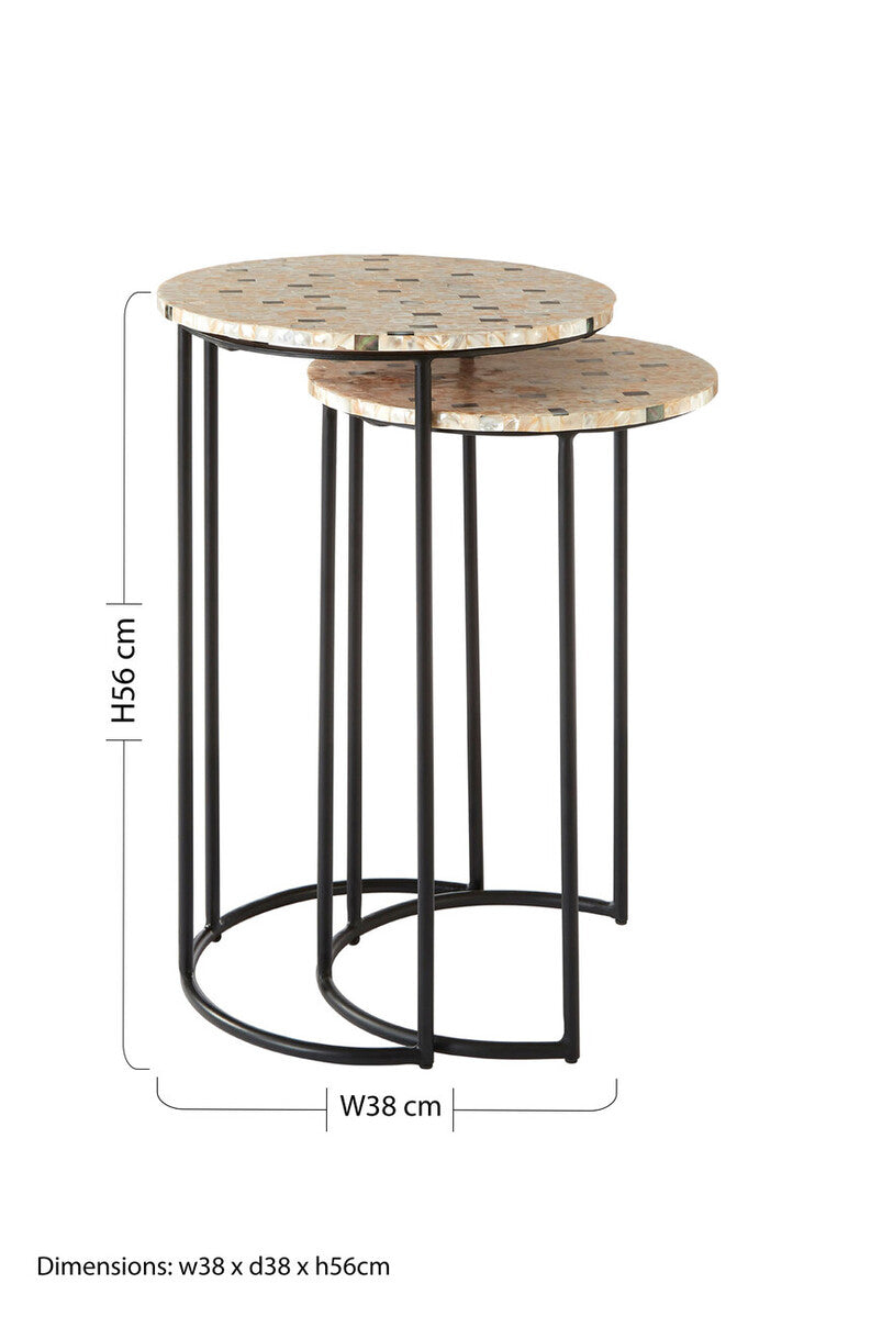 Set of 2 Mother of Pearl Mosaic Nesting Side Tables with Black Iron Legs, Halle