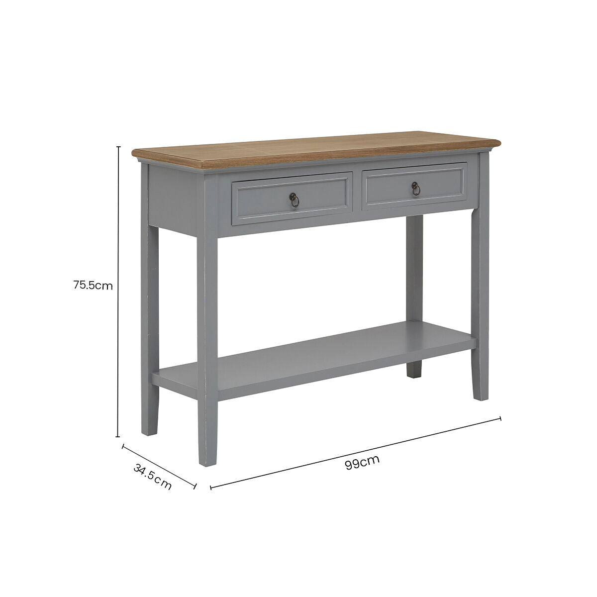 Natural Wooden Top and Grey Wooden Frame Console Table with 2 Drawers and Metal Ring Handles, Henley