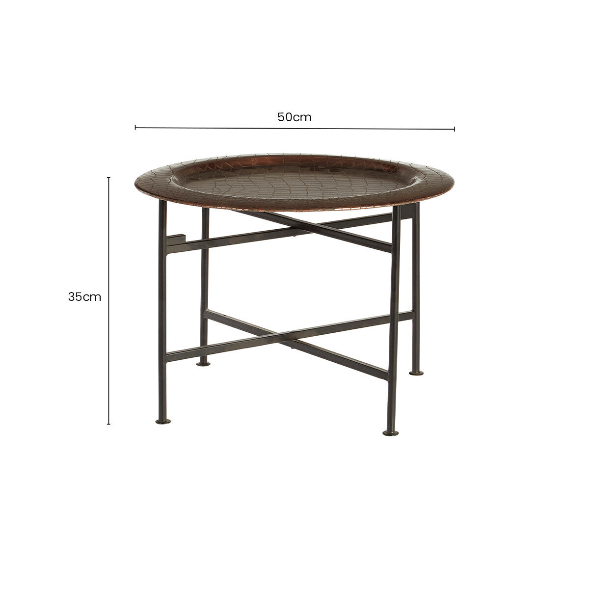 Crocodile Texture Copper Finish Top Round Side Table with Black Metal Base, Hege