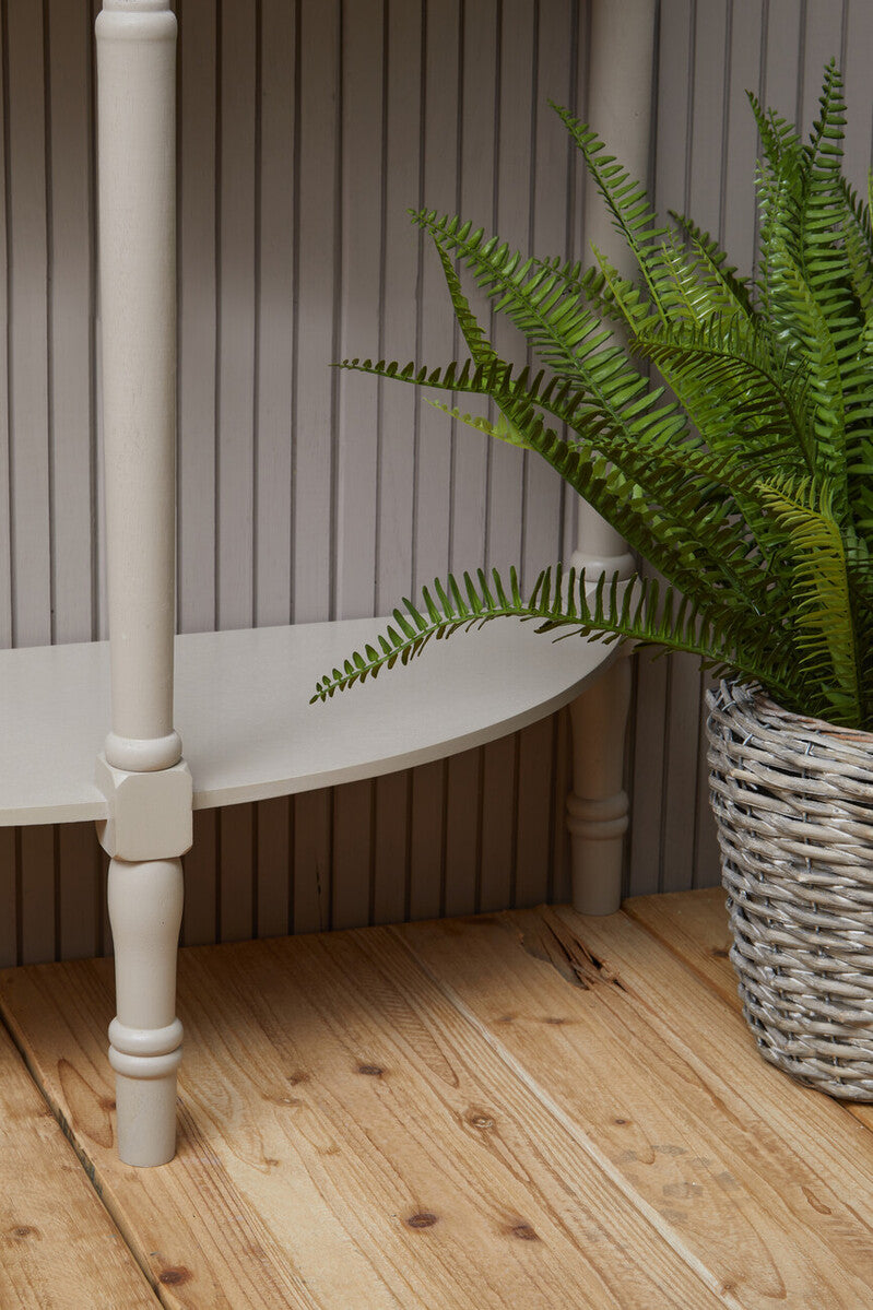 Half Moon Grey Putty Natural Wood Console Table with Bottom Shelf Storage and Carved Spindle Legs, Heritage