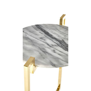 White Marble Top Side Table with Angular Gold Finish Metal Frame, Cibal
