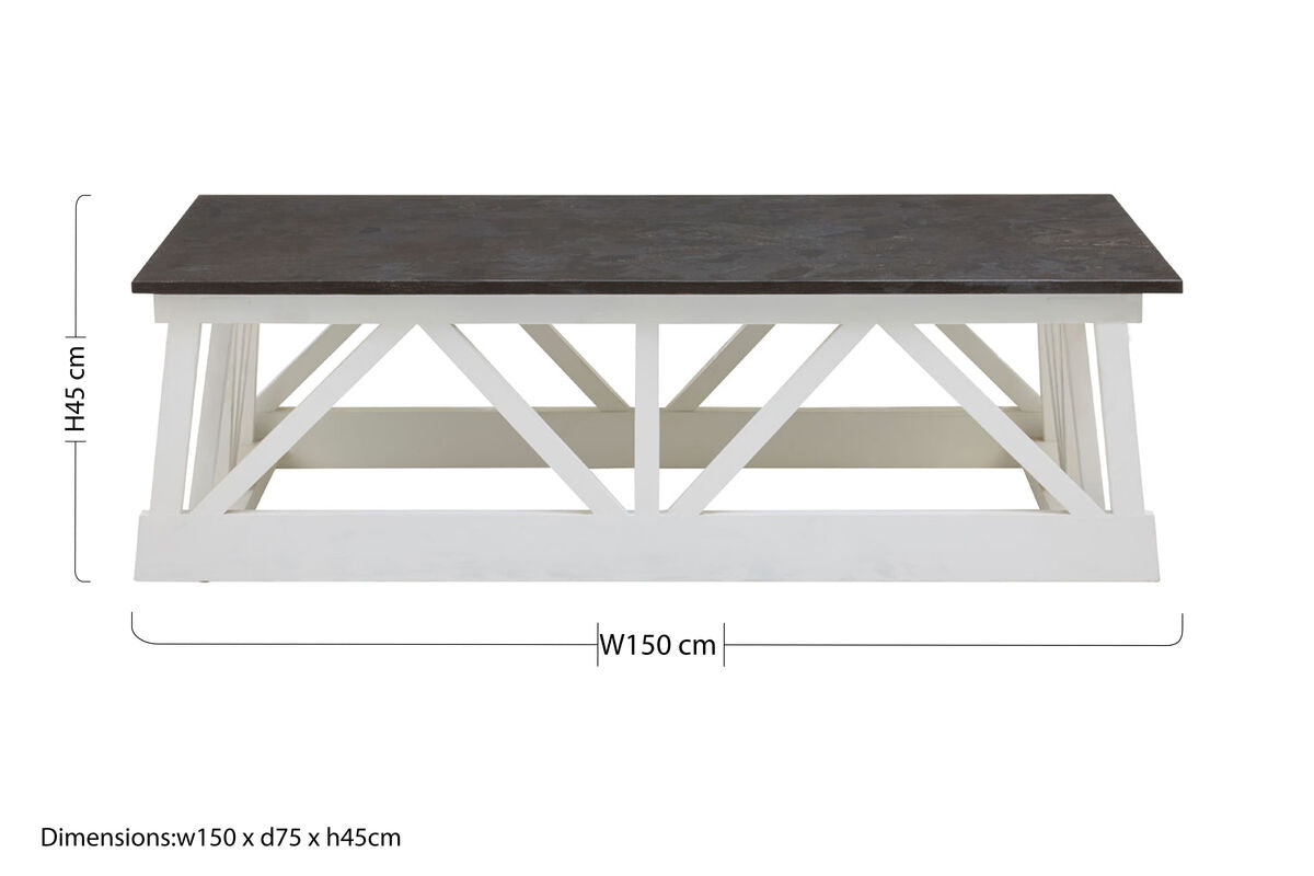 Stone Top Rectangular Coffee Table with White Alder Wood Base, Monas