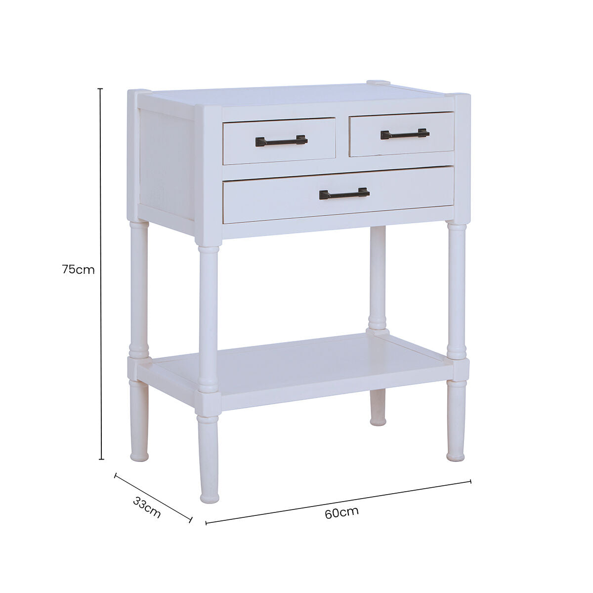 Pearl White Finish Wooden Console Table with Three Drawers and Lower Storage Shelf, Heritage