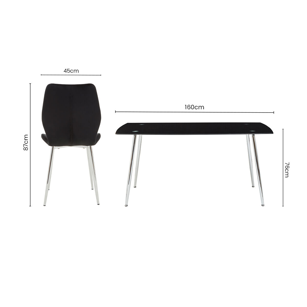 Black Tempered Glass Top and Silver Frame Dining Table with 6 Chairs Set, Wimslow