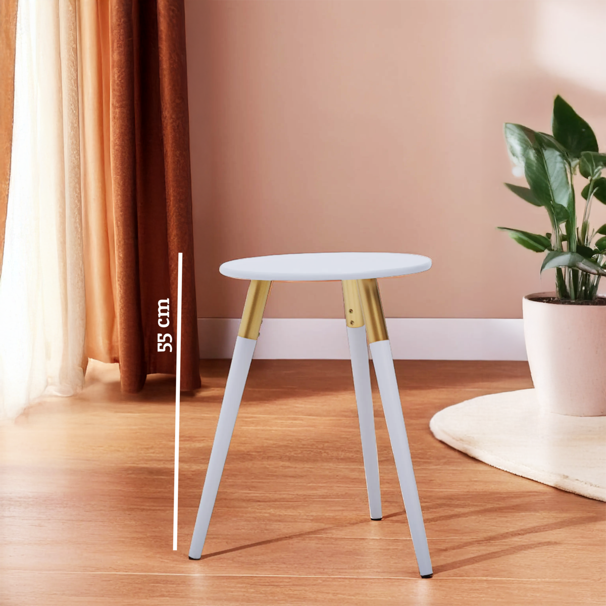 Light Grey Round Top Wooden Side Table with Natural Wood Legs and Gold Trim, Nostra