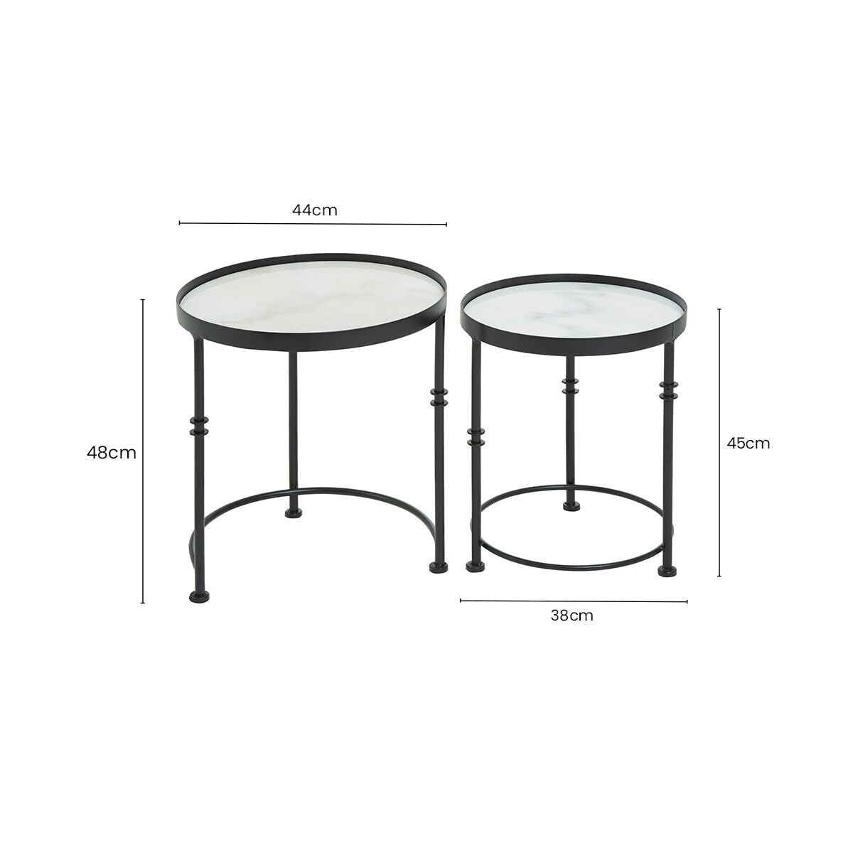 Set of 2 Black Frame and White Marble Top Round Nesting Side Tables, Arcana