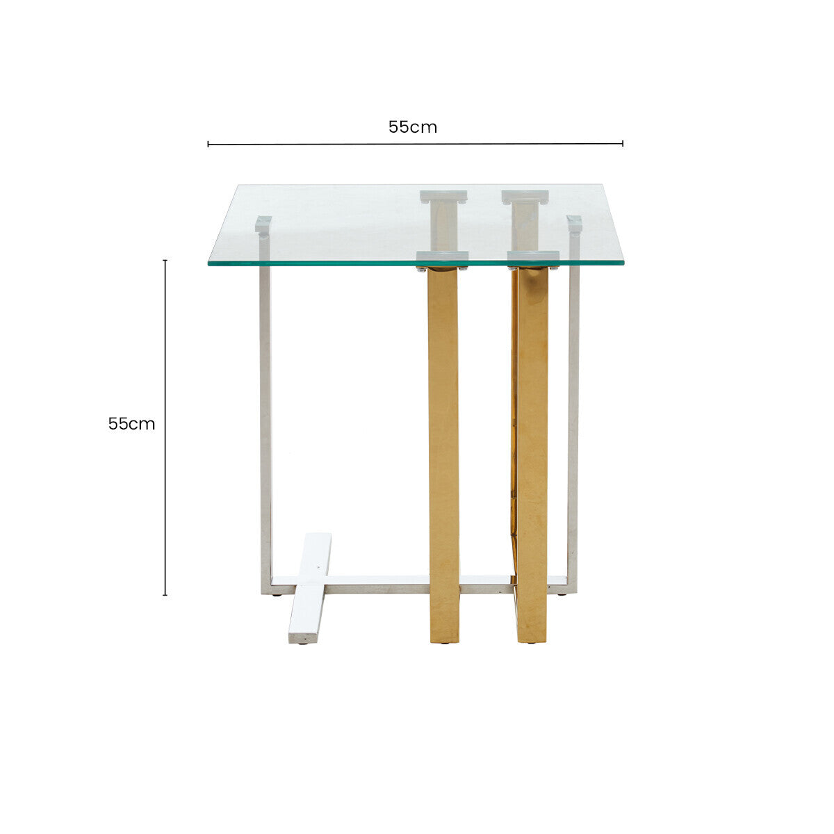 Silver and Gold Steel Frame Side Table with Glass Top, Alvea
