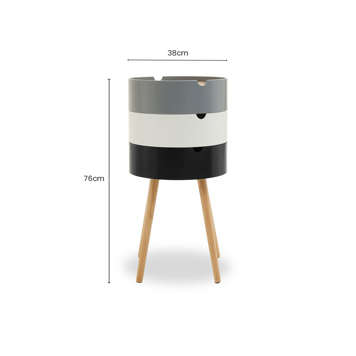 White, Grey and Black Three Tier Storage Side Table with Pine Wood Legs, Viborg