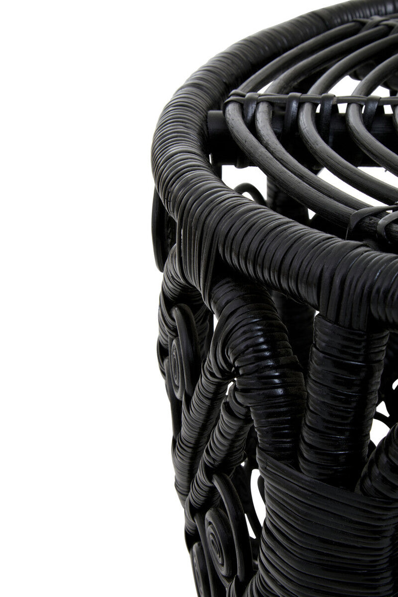 Black Natural Rattan Side Table with Tight Weave and Scrolled Detail, Mataram