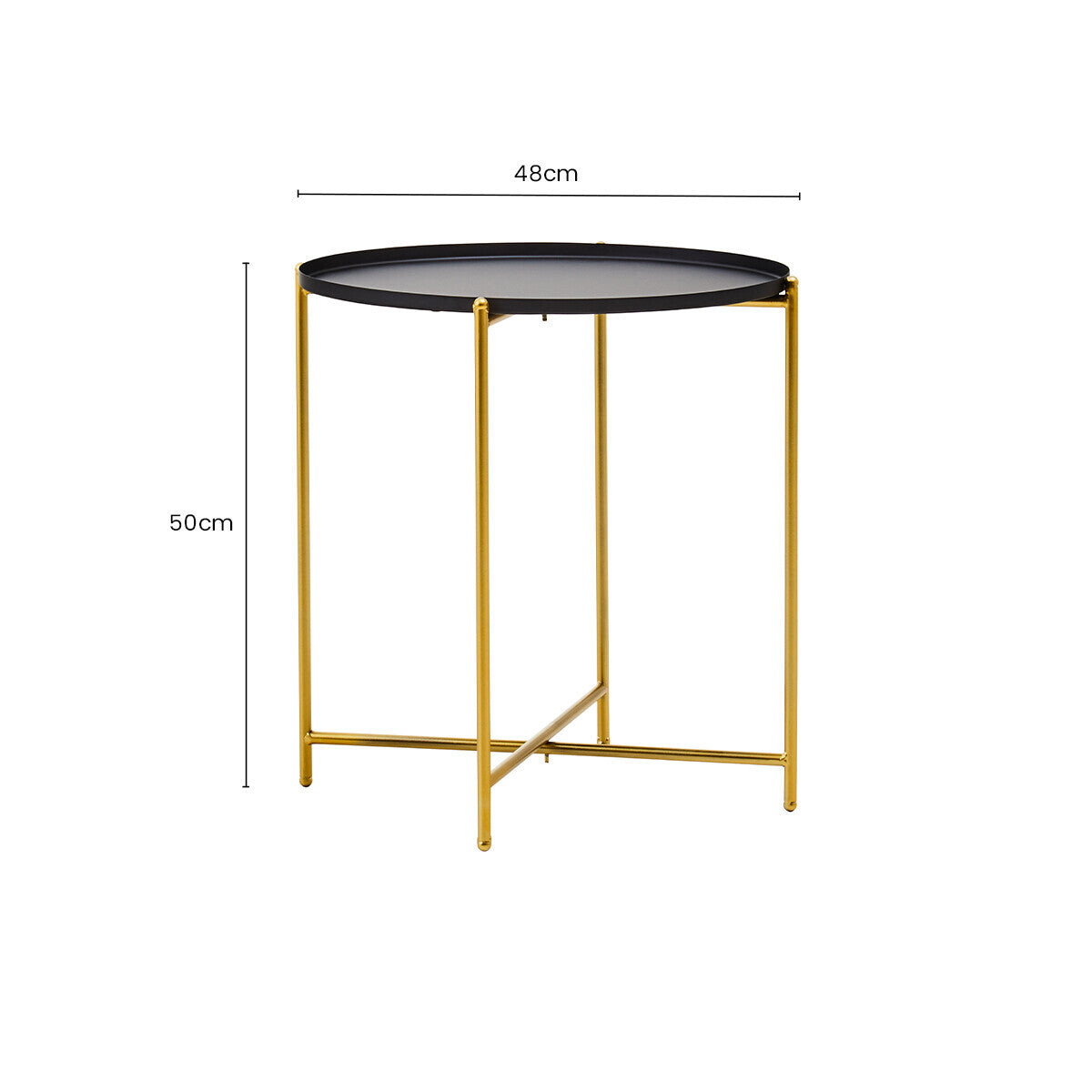 Black Tray Top Round Side Table with Gold Finish Iron Stand, Trosa