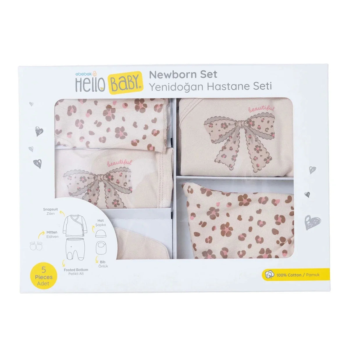 HelloBaby 5 Piece Crew Neck Animal Print Boxed Baby Hospital Bag Set (Newborn)