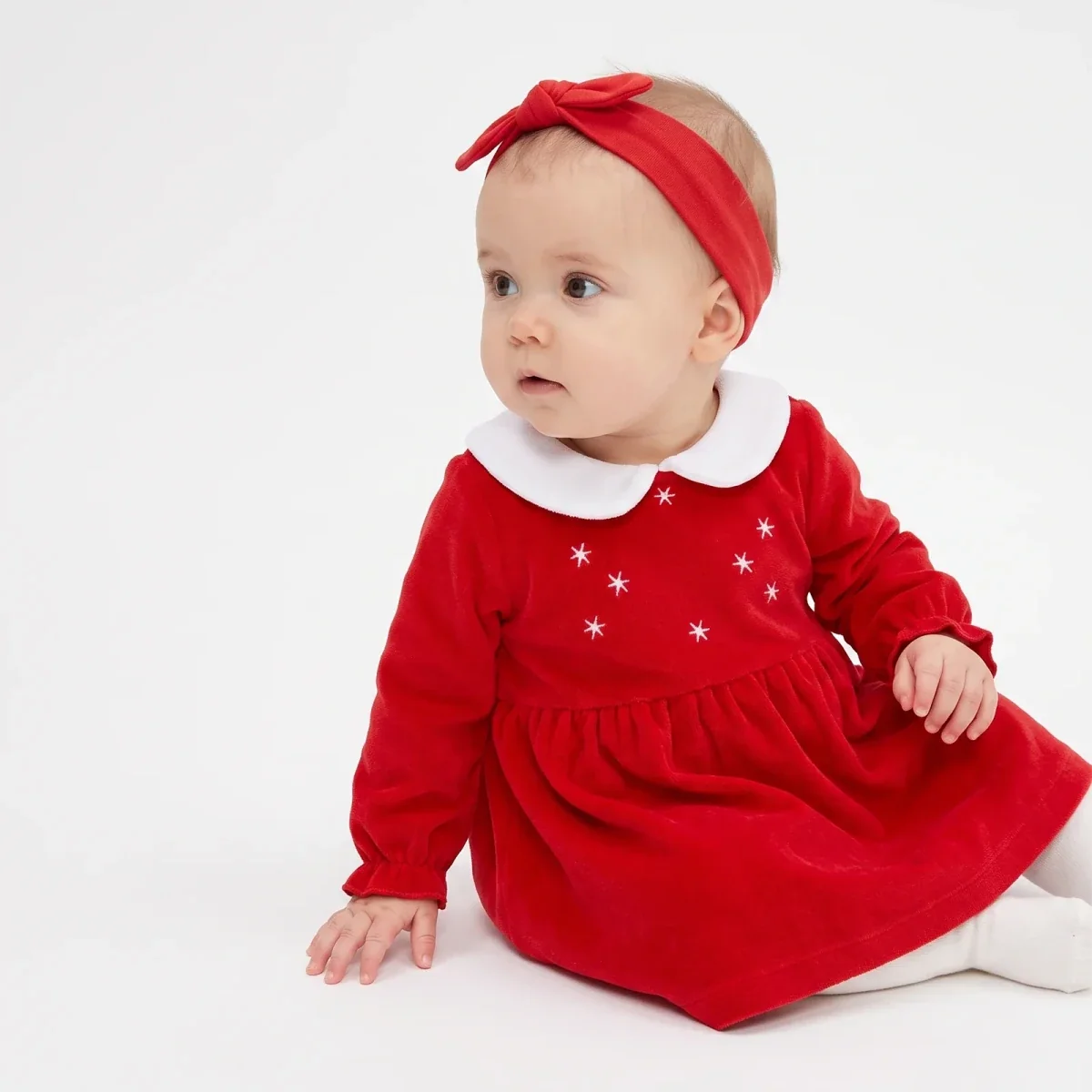 HelloBaby Star Print Long Sleeve Velour Baby Dress (1-3 Months to 12 Months)