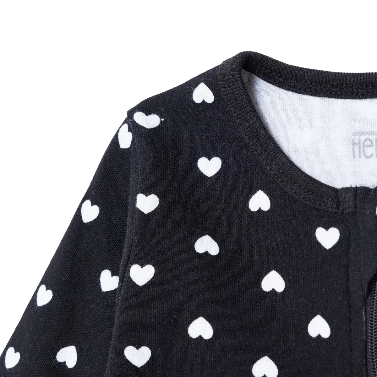 HelloBaby Girls Footed Sleepsuit Heart Print Zip Fastening Crew Neck Full Length Long Sleeve - Black