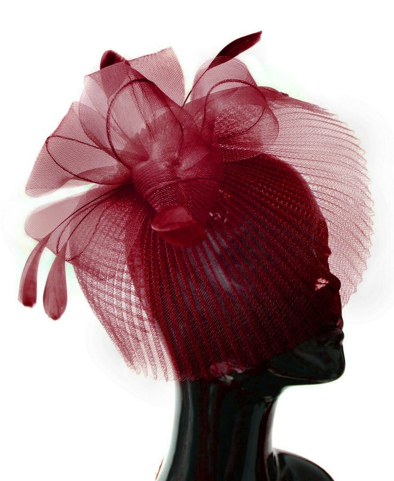Burgundy Veil Fan Feathers Fascinator on Headband Wedding Races Net Hat Big