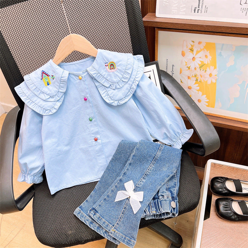 Cute Embroidered Collar Shirt And Denim Jeans Two-Piece Set For Girls