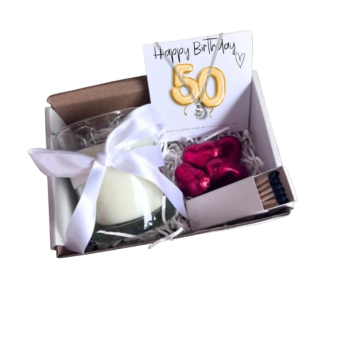 Small 50th Birthday Gold Balloon Hamper | Candle, Necklace, Chocolates