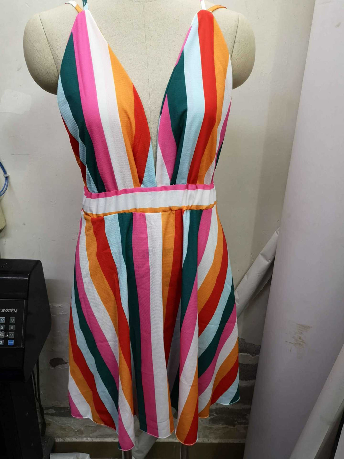 Women's Summer Mixed Color Stripe Sling Backless Dress