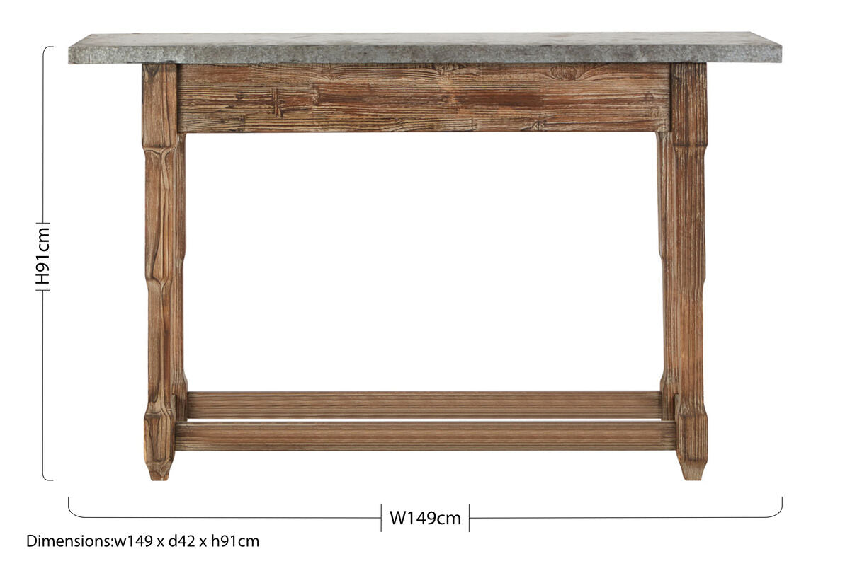 Grey Metal Top Console Table with Natural Carved Wooden Legs, Elementary