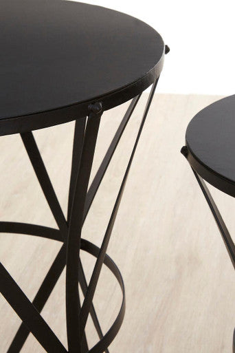 Set of 2 Black Round Metal Top Nesting Side Tables with Cross Lattice Frame, Avantis