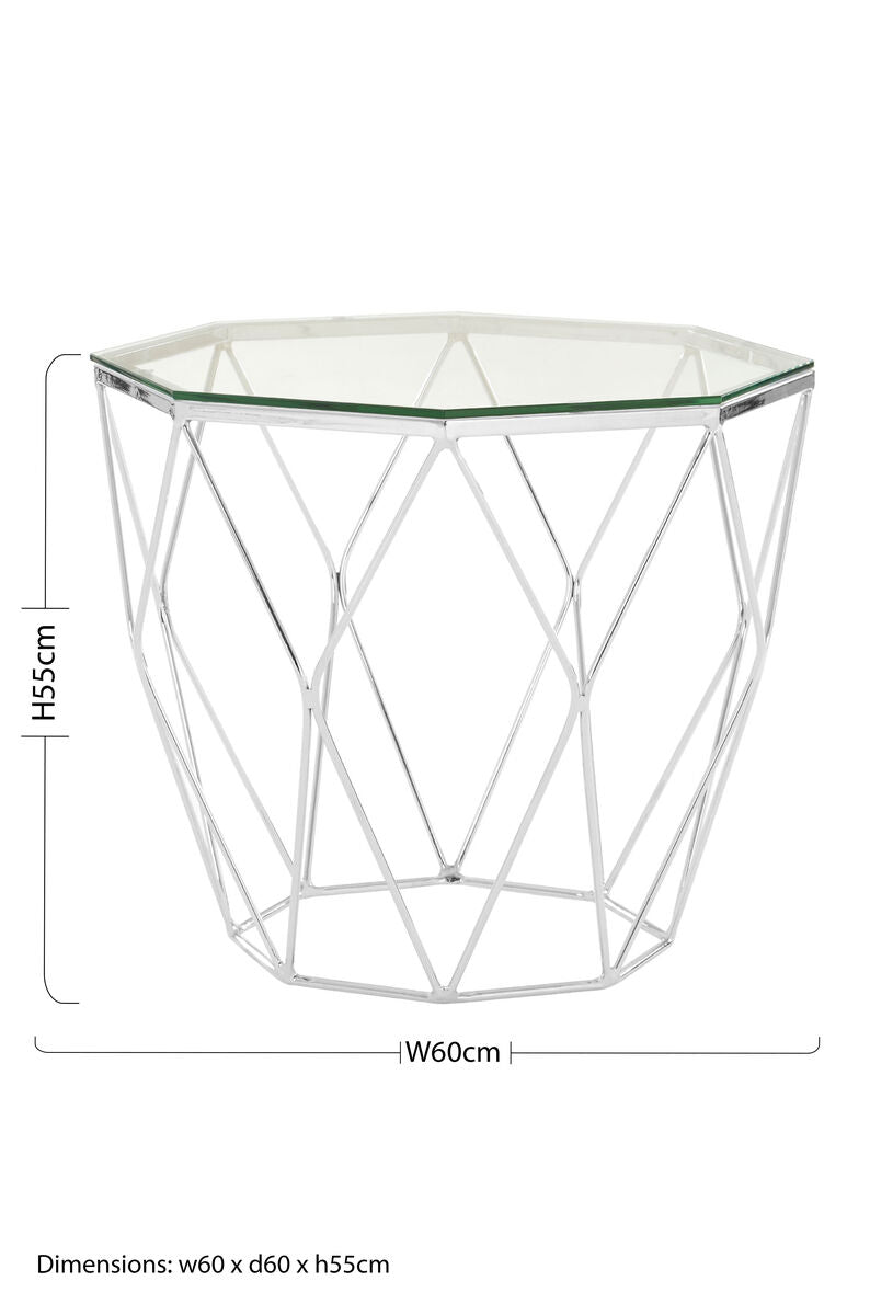 Tempered Glass Top Hexagon End Table with Silver Stainless Steel Geometric Base, Allure