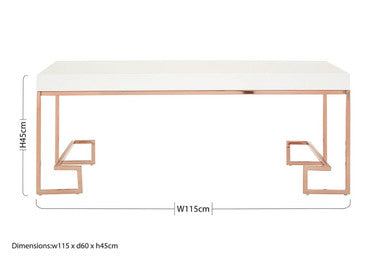 White High Gloss Wood Top Coffee Table with Rose Gold Angled Stainless Steel Leg, Allure