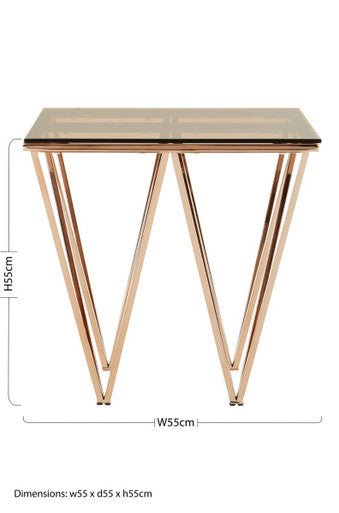 Amber Tinted Glass Top End Table with Rose Gold Prismatic Legs, Allure