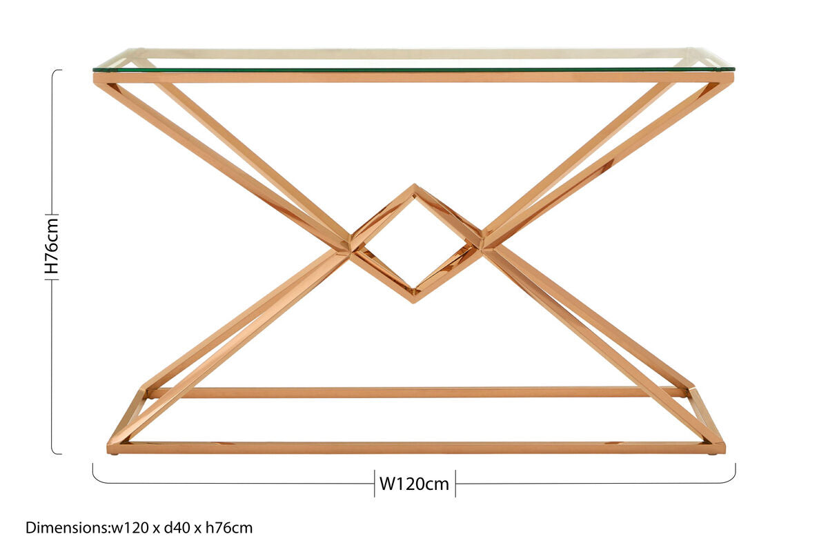 Corseted Rose Gold Steel Base Console Table with Tempered Glass Top, Allure