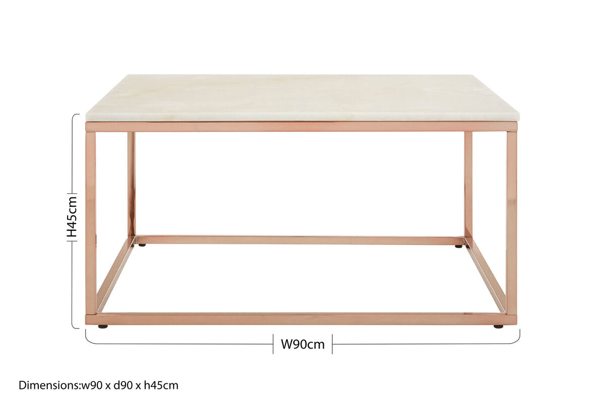 Square White Marble Top Coffee Table in Rose Gold Finish Stainless Steel Legs, Allure