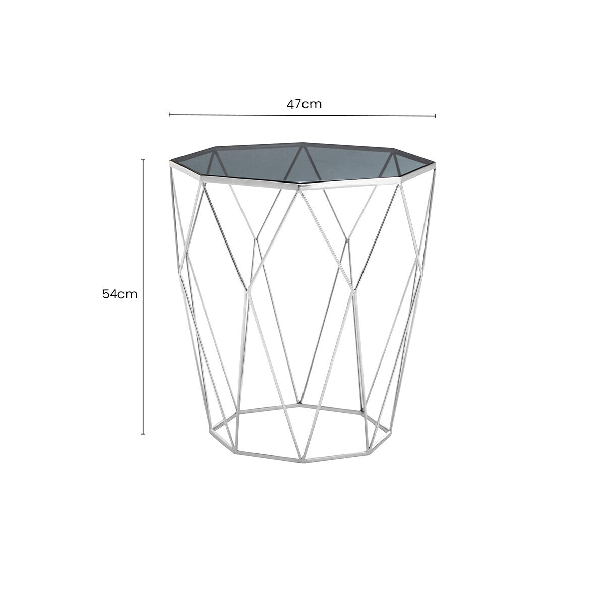 Silver Tempered Glass Top Octagonal Side Table with Stainless Steel Legs, Shalimar