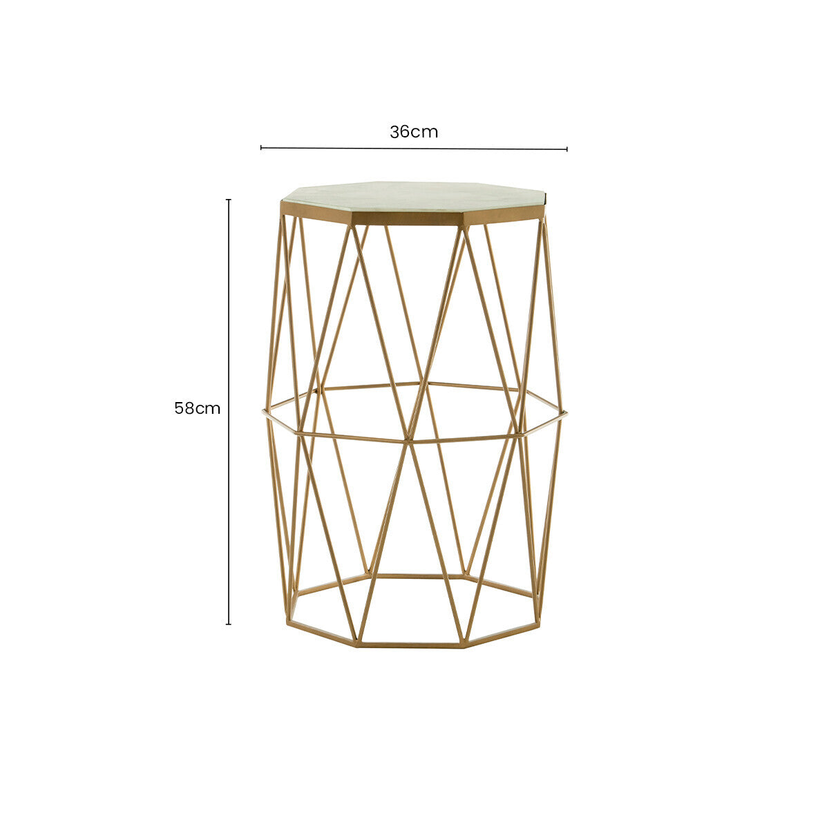 White Marble Top Octagonal Side Table with Gold Metal Open Frame, Shalimar