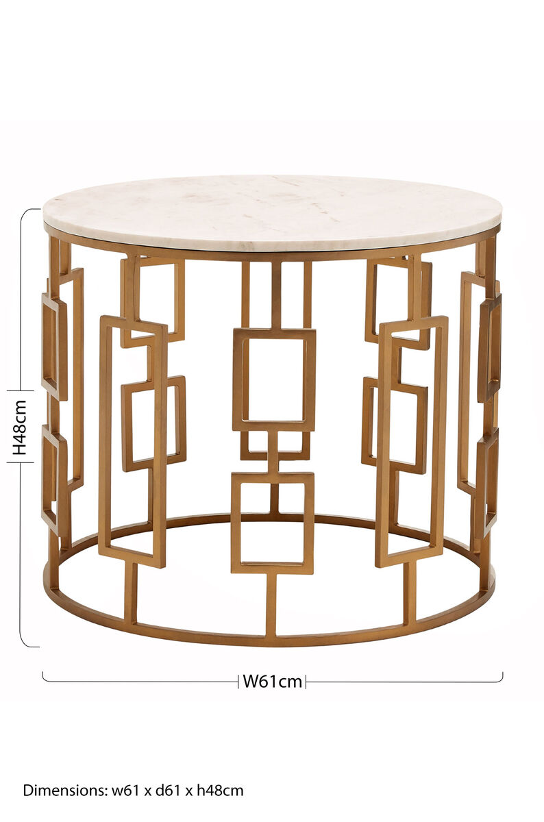 White Marble Top Side Table with Gold Finish Geometric Carousel Frame, Shalimar