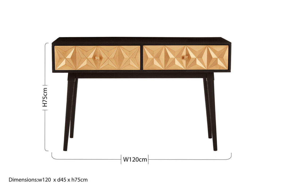Black and Gold Mango Wood Console Table with Geometric Accents, Malta