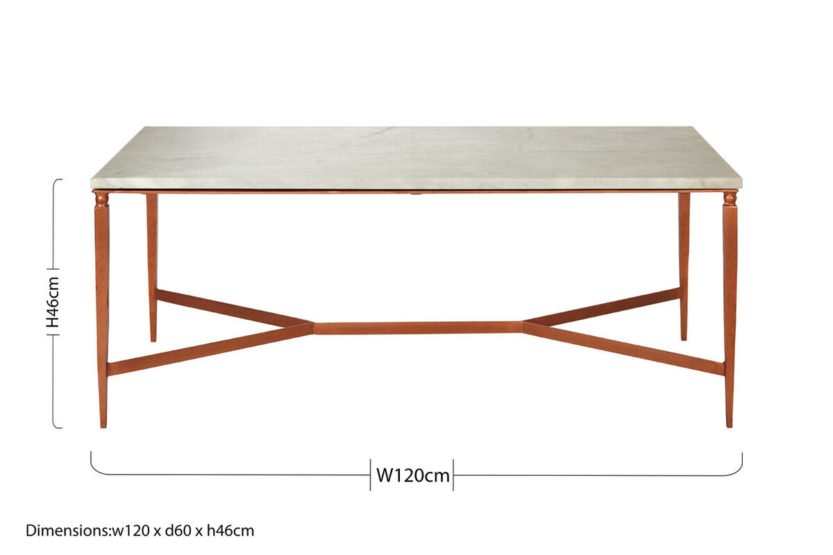 White Marble Top Coffee Table with Warm Copper Tapered Iron Legs, Nirav